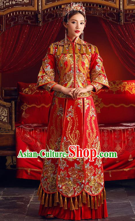 Chinese Ancient Bride Formal Dresses Embroidered Phoenix Cheongsam XiuHe Suit Traditional Wedding Costumes for Women