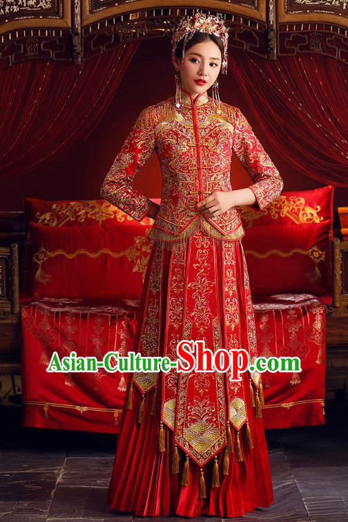 Chinese Ancient Bride Formal Dresses Embroidered Cheongsam Red XiuHe Suit Traditional Wedding Costumes for Women
