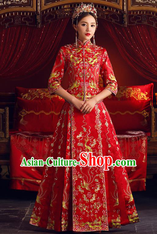 Chinese Ancient Bride Formal Dresses Cheongsam Embroidered XiuHe Suit Traditional Wedding Costumes for Women
