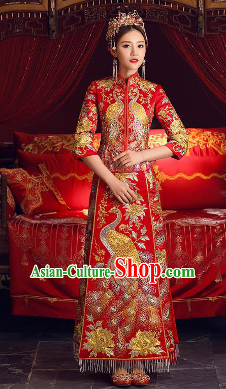 Chinese Ancient Bride Formal Dresses Cheongsam Embroidered Phoenix XiuHe Suit Traditional Wedding Costumes for Women