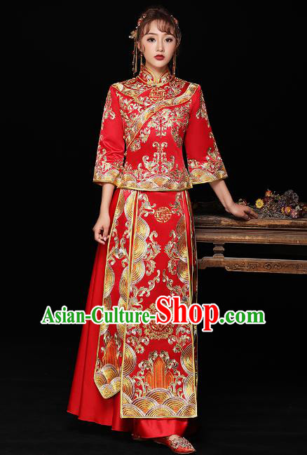 Chinese Ancient Bride Formal Dresses Wedding Costume Embroidered Red Cheongsam XiuHe Suit for Women