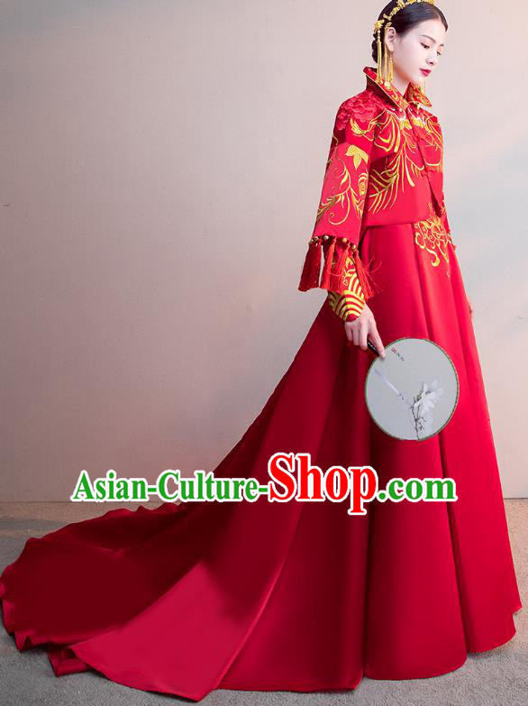 Chinese Ancient Bride Red Trailing Formal Dresses Wedding Costume Embroidered Cheongsam XiuHe Suit for Women
