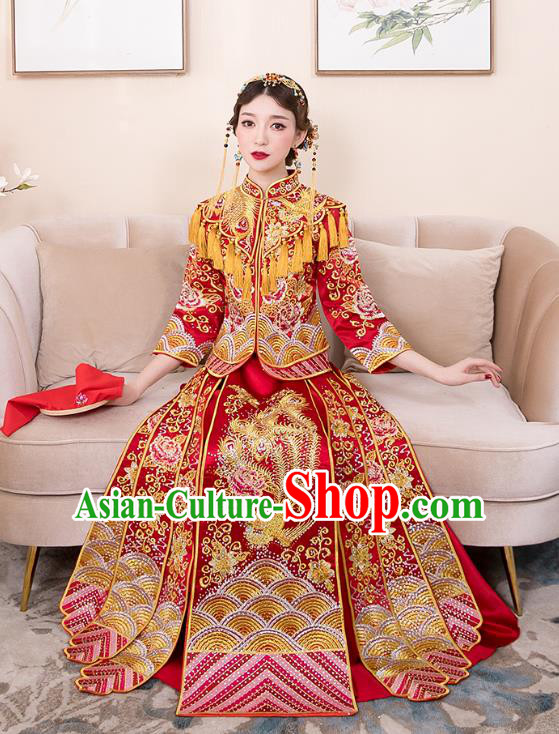 Chinese Ancient Bride Red Formal Dresses Wedding Costume Embroidered Cheongsam XiuHe Suit for Women