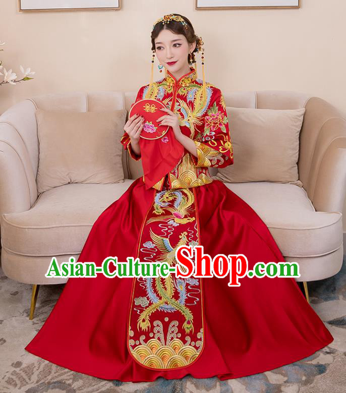 Chinese Ancient Bride Formal Dresses Wedding Costume Embroidered Phoenix Longfenggua XiuHe Suit for Women