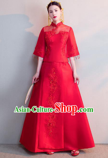 Chinese Ancient Wedding Costumes Bride Formal Dresses Embroidered Red Bottom Drawer XiuHe Suit for Women