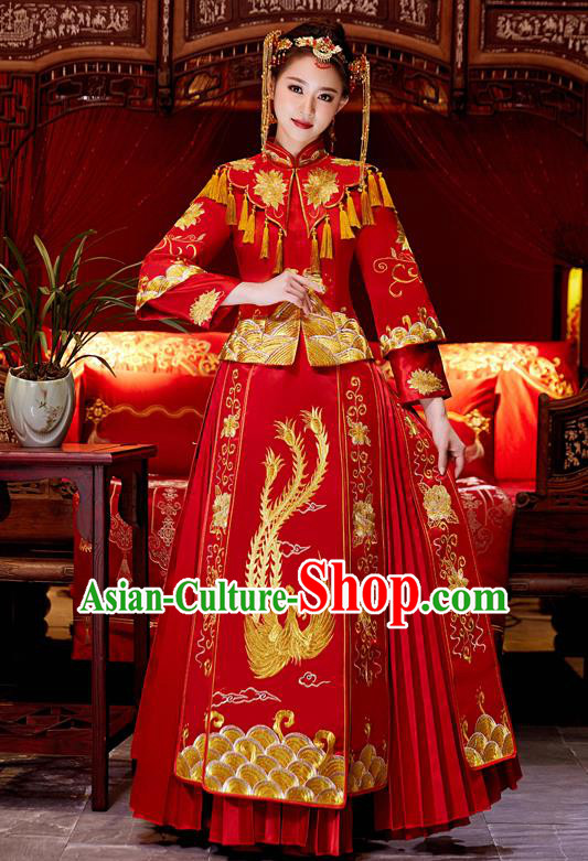 Top Grade Chinese Traditional Red Wedding Dress XiuHe Suit Ancient Bride Embroidered Phoenix Cheongsam for Women
