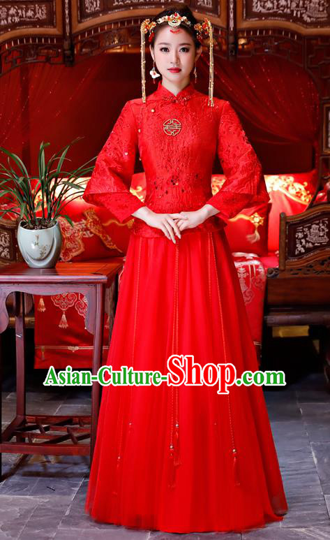 Top Grade Chinese Traditional Wedding Dress XiuHe Suit Ancient Bride Embroidered Red Lace Cheongsam for Women