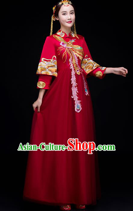 Top Grade Chinese Traditional Wedding Dress XiuHe Suit Ancient Bride Embroidered Phoenix Cheongsam for Women