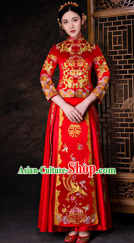 Chinese Traditional Wedding Dress Red XiuHe Suit Ancient Bride Embroidered Phoenix Cheongsam for Women