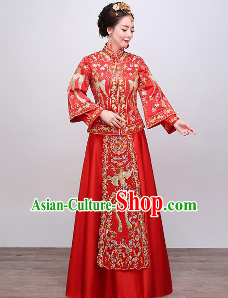 Chinese Traditional Wedding Dress Embroidered Phoenix Red XiuHe Suit Ancient Bride Cheongsam for Women