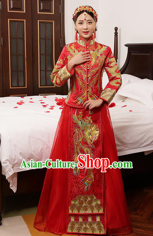 Chinese Traditional Embroidered Phoenix Wedding Dress XiuHe Suit Ancient Bride Cheongsam for Women