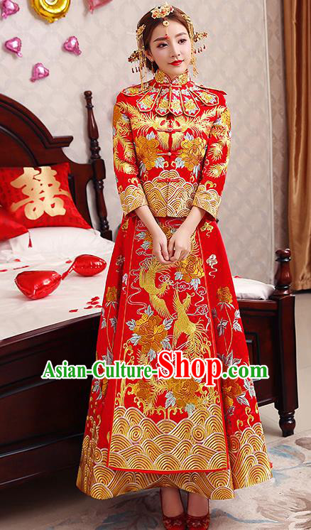 Chinese Traditional Wedding Dress Red XiuHe Suit Ancient Bride Embroidered Phoenix Toast Cheongsam for Women