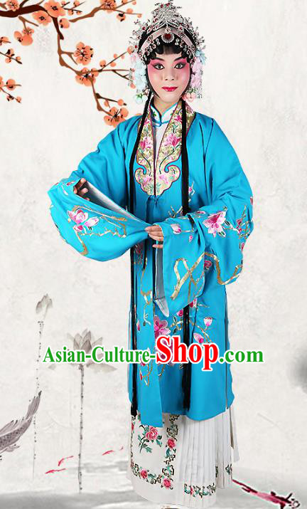 Professional Chinese Beijing Opera Costumes Ancient Huangmei Opera Actress Embroidered Blue Clothing for Adults