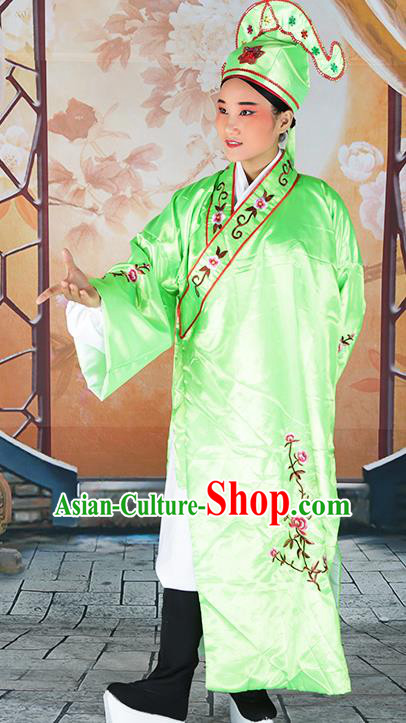 Professional Chinese Beijing Opera Costumes Peking Opera Gifted Scholar Green Robe and Hat for Adults