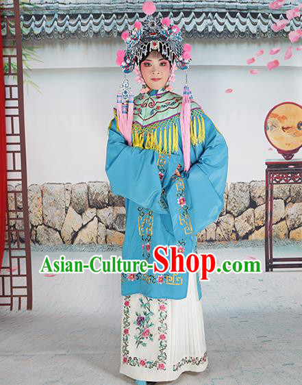 Professional Chinese Beijing Opera Diva Embroidered Costumes Green Shawl Clothing and Headwear for Adults