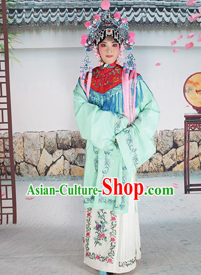 Professional Chinese Beijing Opera Diva Embroidered Green Costumes Red Shawl Clothing and Headwear for Adults