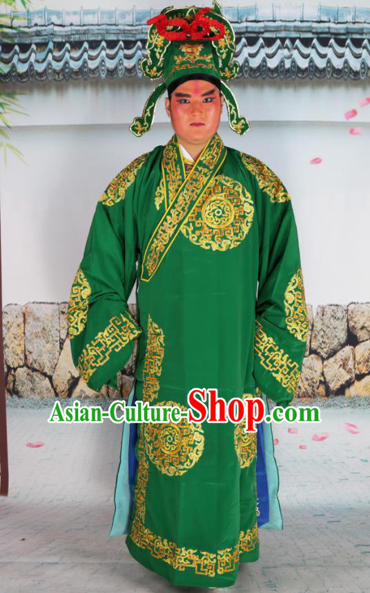 Professional Chinese Peking Opera Niche Costume Scholar Green Robe and Hat for Adults