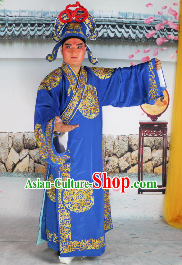 Professional Chinese Peking Opera Niche Costume Scholar Blue Robe and Hat for Adults