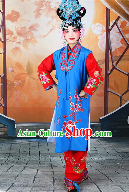 Professional Chinese Beijing Opera Maidservants Embroidered Plum Blossom Deep Blue Costumes for Adults