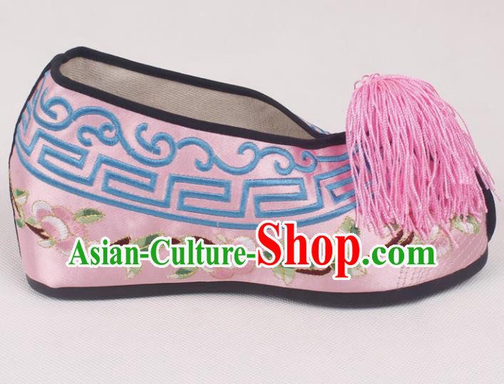 Chinese Traditional Beijing Opera Pink Embroidered Shoes Peking Opera Diva Blood Stained Shoes for Women