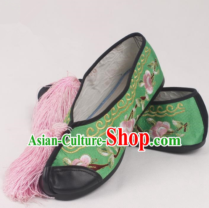 Chinese Traditional Beijing Opera Green Embroidered Shoes Peking Opera Diva Blood Stained Shoes for Women