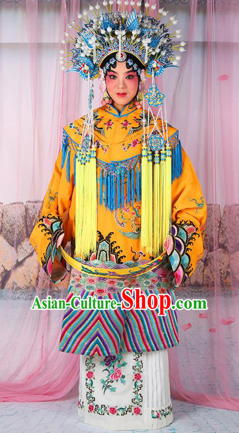 Professional Chinese Beijing Opera Diva Imperial Consort Embroidered Yellow Costumes and Phoenix Coronet for Adults