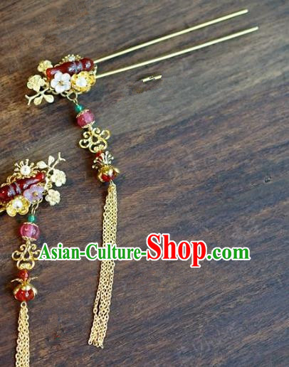 Chinese Handmade Ancient Hair Accessories Ancient Hanfu Agate Tassel Hairpins for Women