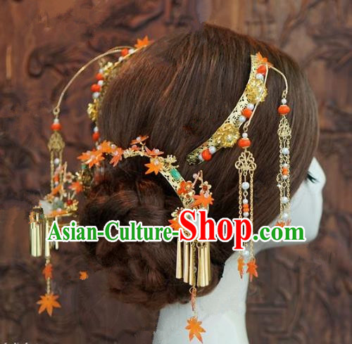 Chinese Handmade Ancient Wedding Hair Accessories Maple Leaf Hairpins Complete Set for Women