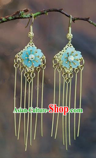Chinese Handmade Jewelry Accessories Ancient Bride Hanfu Blue Flower Tassel Earrings for Women