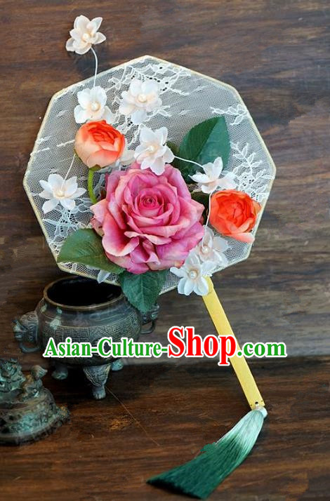 Top Grade Chinese Handmade Palace Fans Ancient Hanfu Peony Lace Round Fans for Women