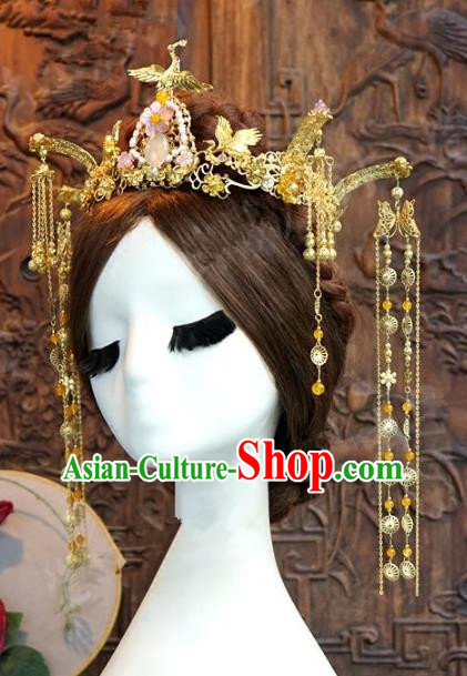 Chinese Handmade Wedding Phoenix Coronet Hair Accessories Ancient Crane Hairpins Complete Set for Women