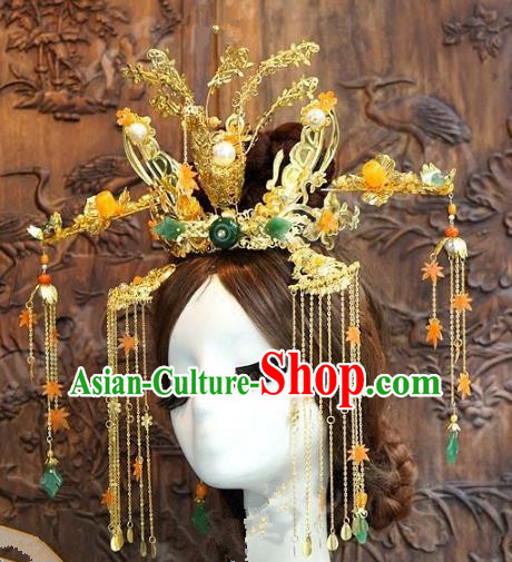 Chinese Handmade Wedding Golden Phoenix Coronet Hair Accessories Ancient Tassel Hairpins Complete Set for Women