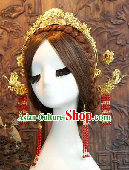 Chinese Ancient Handmade Golden Phoenix Coronet Hanfu Hairpins Wedding Hair Accessories Complete Set for Women