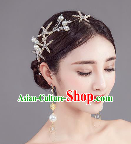 Handmade Baroque Bride Crystal Starfish Royal Crown Wedding Hair Jewelry Accessories for Women