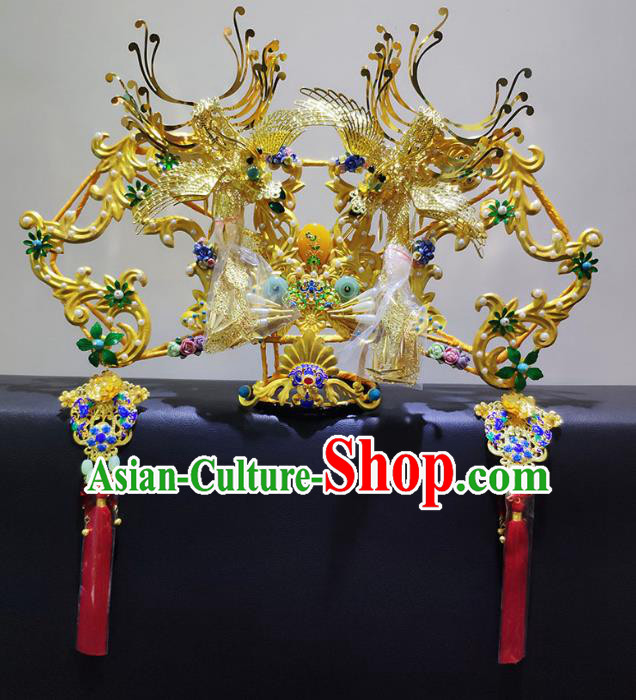 Chinese Ancient Golden Phoenix Coronet Qing Dynasty Palace Lady Handmade Hairpins Hair Accessories for Women