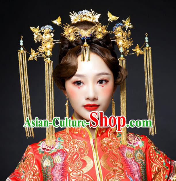 Chinese Ancient Handmade Bride Phoenix Coronet Hairpins Hair Accessories Step Shake Complete Set for Women