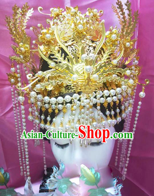Chinese Ancient Handmade Queen Golden Phoenix Coronet Hairpins Hair Accessories Step Shake Complete Set for Women