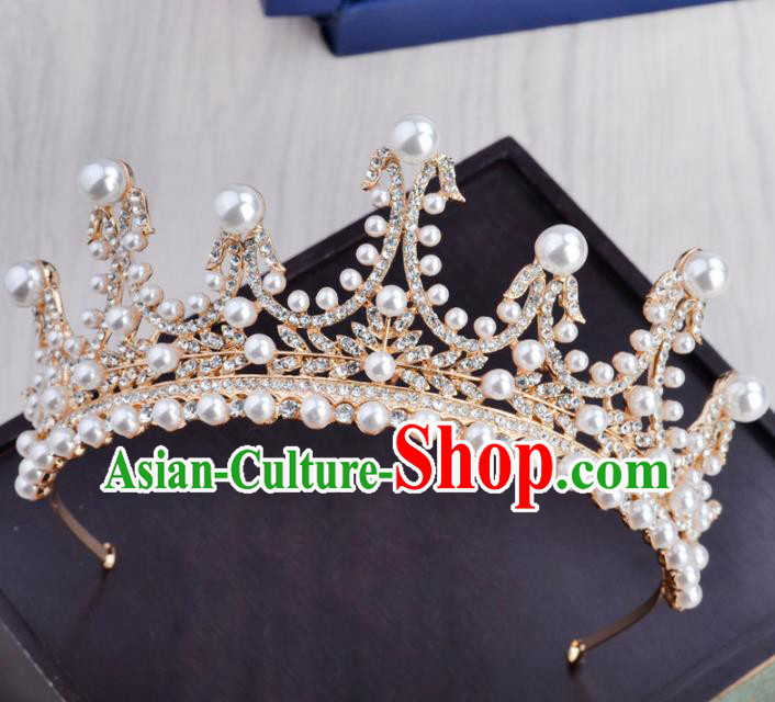 Handmade Baroque Bride Pearls Royal Crown Wedding Hair Jewelry Accessories for Women