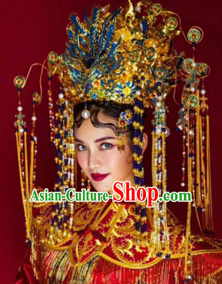 Chinese Ancient Handmade Blueing Phoenix Coronet Hairpins Hair Accessories Complete Set for Women