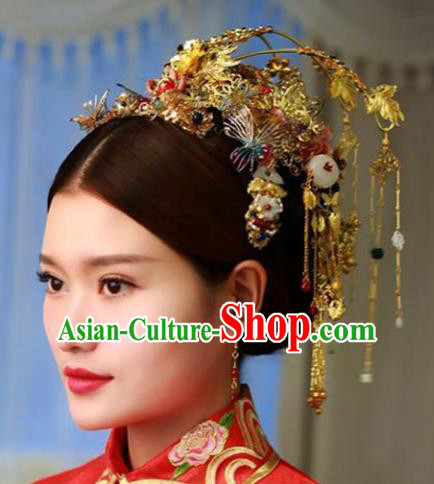 Chinese Ancient Handmade Bride Phoenix Coronet Hairpins Hair Accessories Complete Set for Women