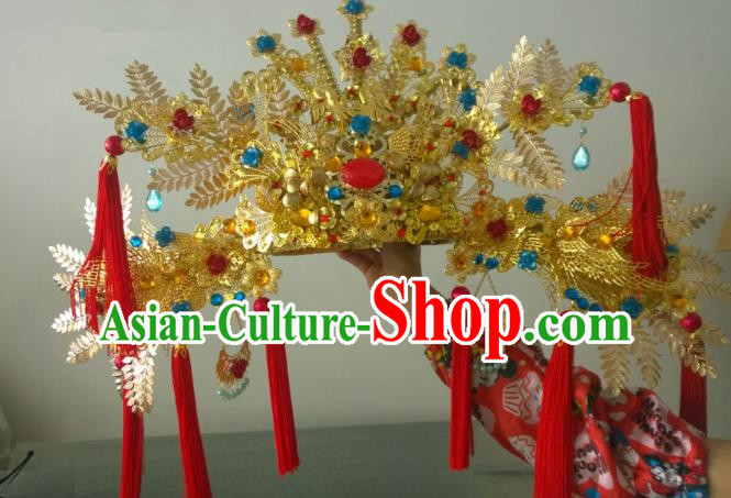 Chinese Ancient Handmade Empress Red Tassel Phoenix Coronet Hair Accessories Headwear for Women