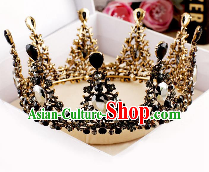 Handmade Baroque Queen Crystal Black Round Royal Crown Wedding Bride Hair Jewelry Accessories for Women