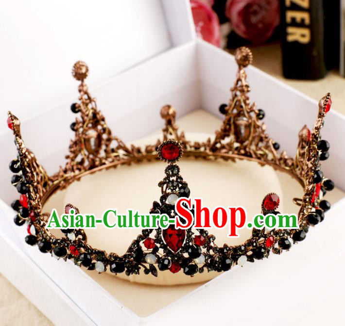 Handmade Baroque Queen Red Crystal Round Royal Crown Wedding Bride Hair Jewelry Accessories for Women