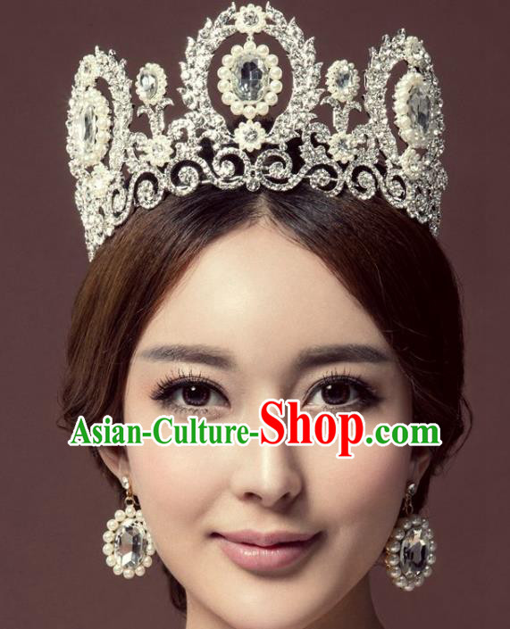 Handmade Baroque Queen Green Crystal Pearls Round Royal Crown Wedding Bride Hair Jewelry Accessories for Women