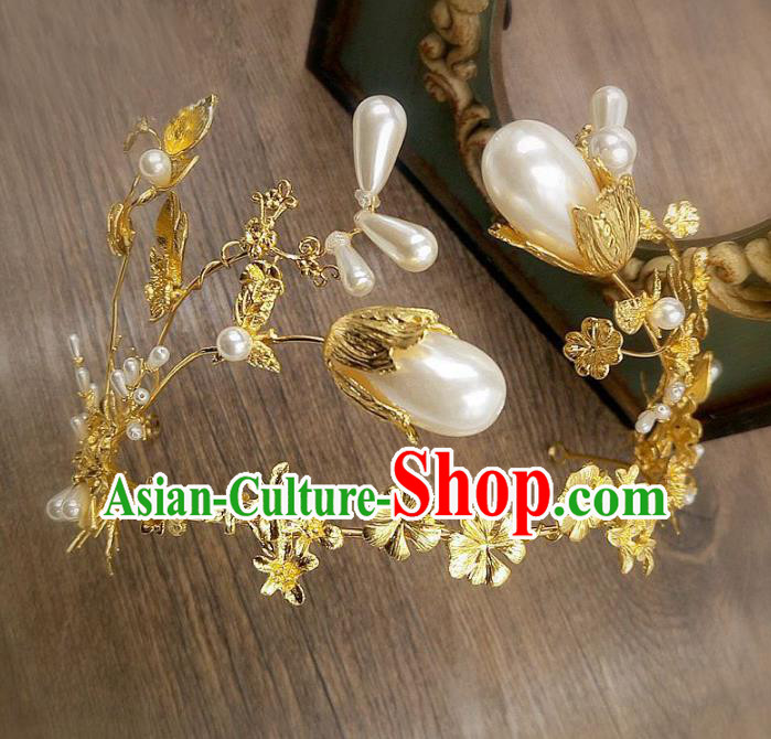 Top Grade Handmade Baroque Bride Pearls Golden Royal Crown Wedding Hair Jewelry Accessories for Women