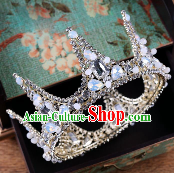Handmade Wedding Baroque Queen Crystal Opal Royal Crown Bride Hair Jewelry Accessories for Women