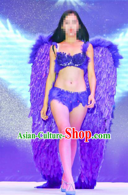 Top Grade Catwalks Swimsuit Purple Feather Wing Stage Performance Customized Rio Carnival Feather Prop for Women