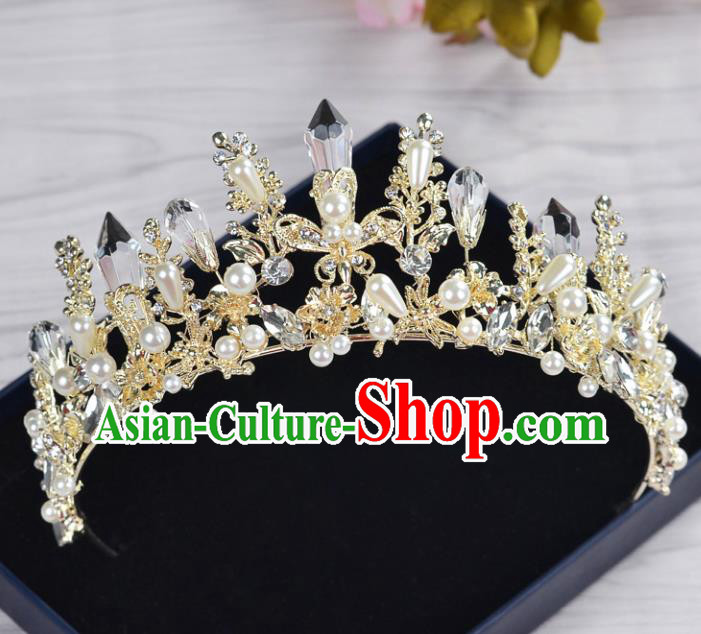 Handmade Wedding Baroque Queen Golden Crystal Pearls Royal Crown Bride Hair Jewelry Accessories for Women