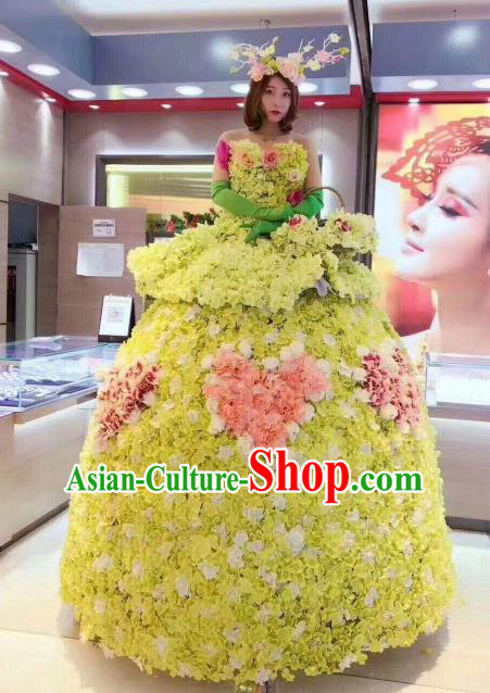 Top Grade Catwalks Costume Stage Performance Model Show Flower Fairy Yellow Dress for Women