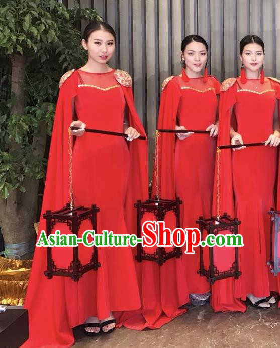 Top Grade Catwalks Costume Chinese Stage Performance Model Show Red Dress for Women
